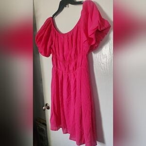Women's Fuschia Puff Sleeve Flair Dress